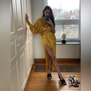One sleeve golden satin evening cocktail dress with split